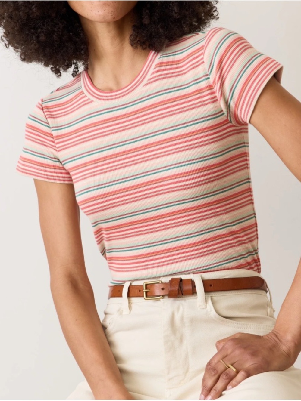NWT Marine Layer Lexi Rib Sun-In Crew Tee Pink Multi Stripe Cotton Stretch, Sz L